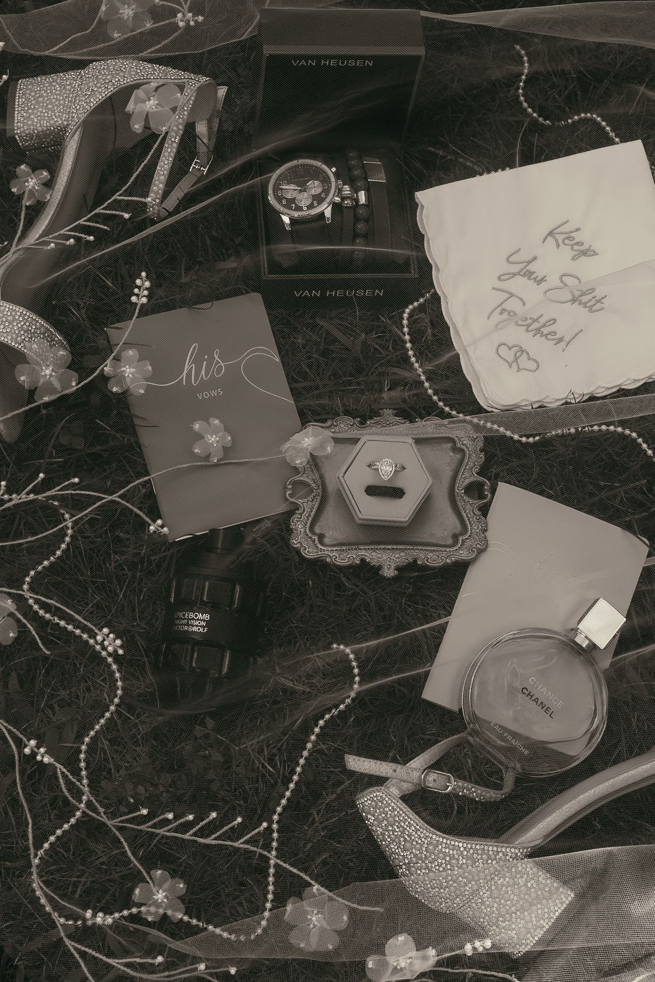 Wedding detail flat lay of invites and ring in Akron Ohio by Gypsy Lens Photography. Moody, filmy, vintage, documentary wedding photography.