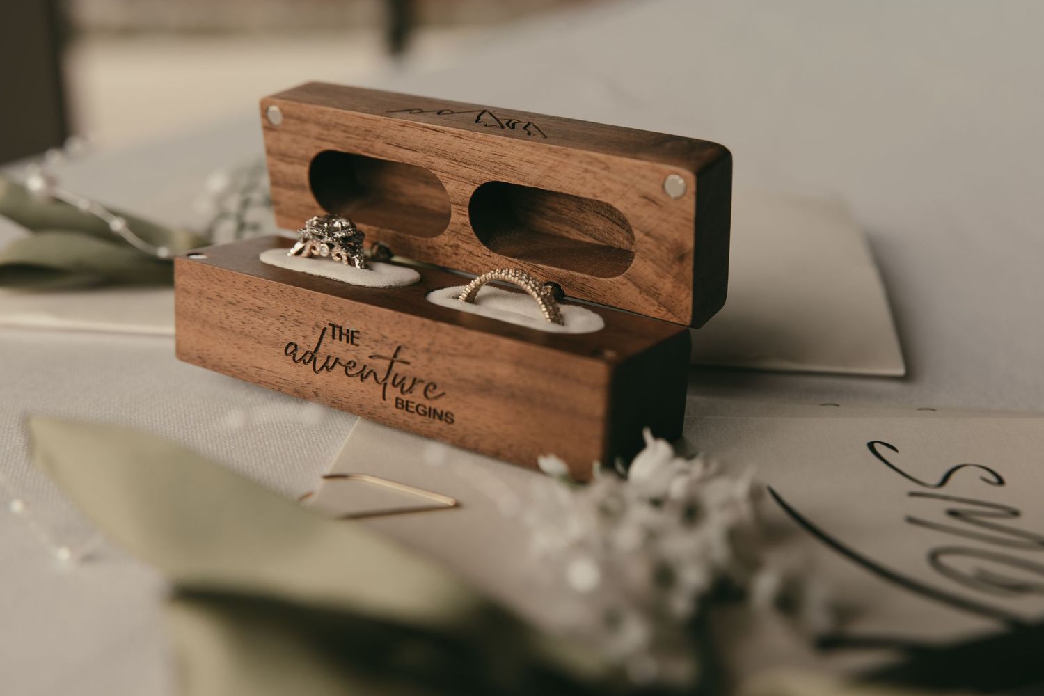Wooden ring box detail photo in Lake County Ohio by Gypsy Lens Photography. Moody, nostalgic, vintage, documentary wedding photography