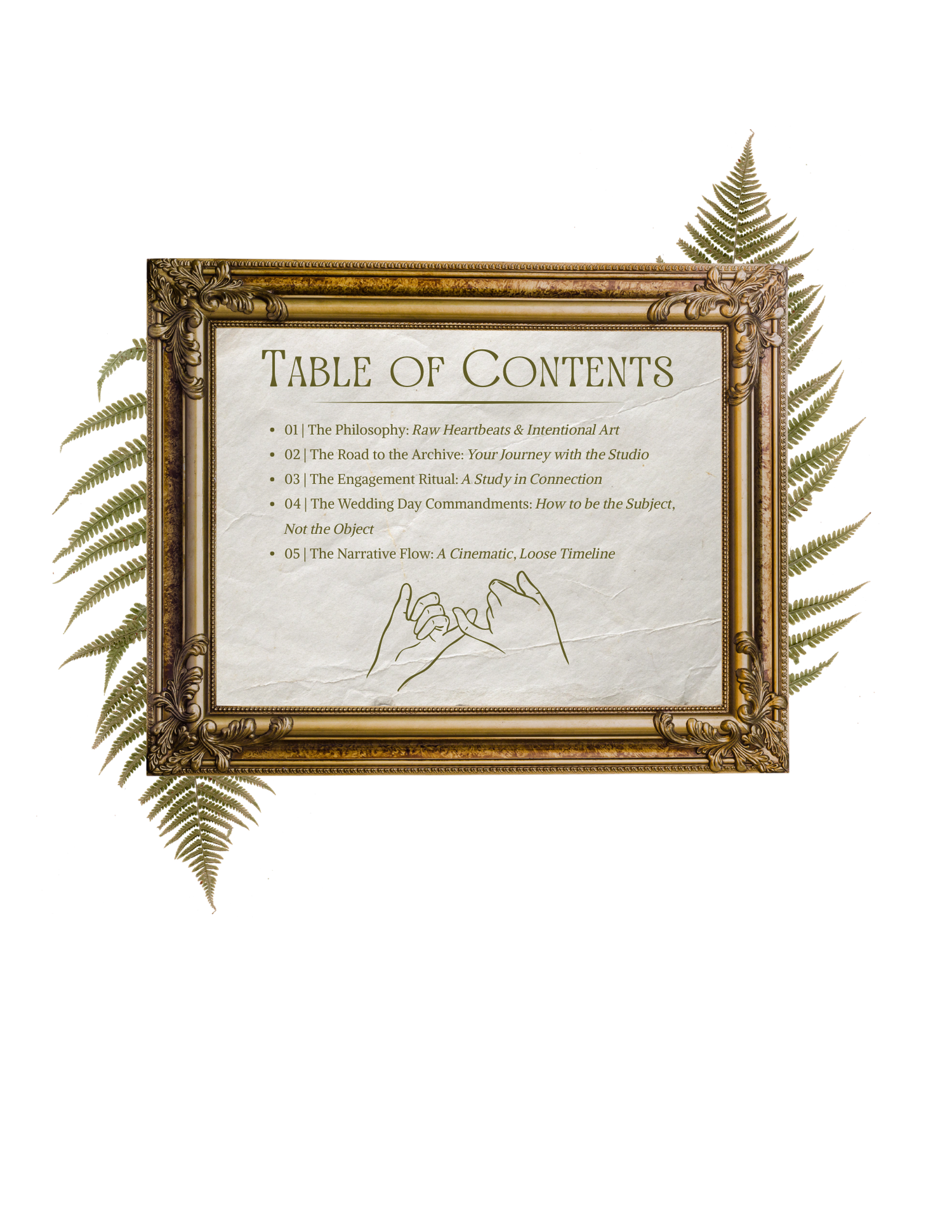 Custom vintage brand graphic of table of contents for Gypsy Lens Photography, Northeast Ohio documentary wedding and elopement photographer