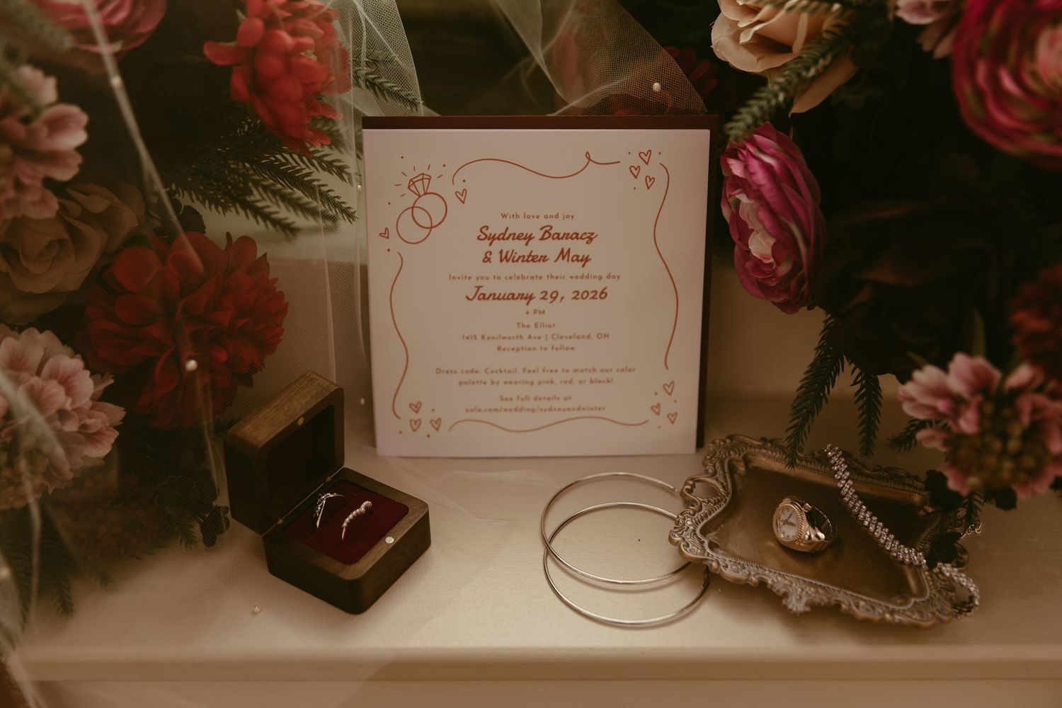 Detail flat lay of invites and rings in Cleveland Ohio by Gypsy Lens Photography. Moody, filmy, vintage, documentary wedding photography.