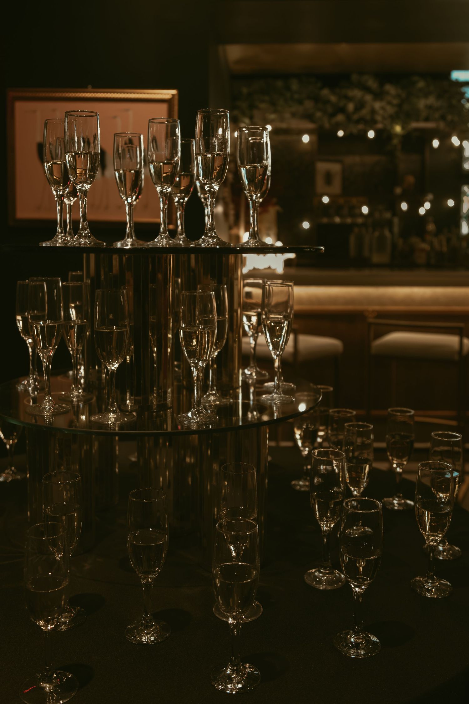 Speakeasy champagne tower at wedding in Cleveland Ohio by Gypsy Lens Photography. Moody, filmy, vintage, documentary wedding photography.
