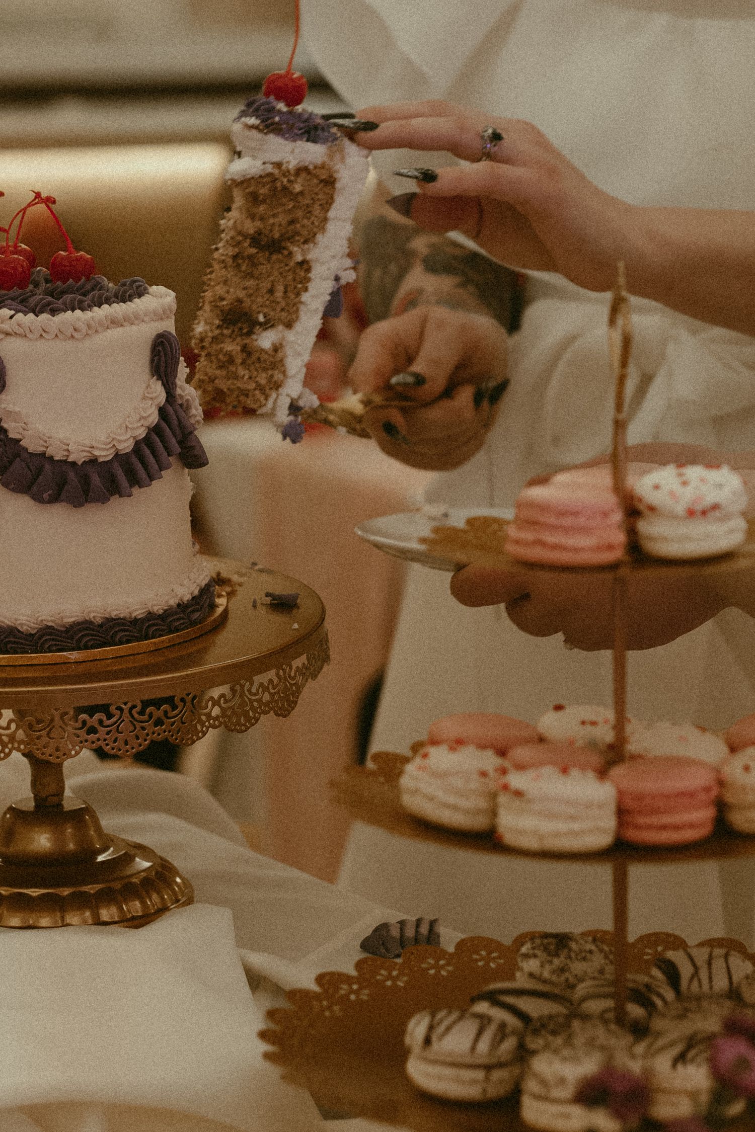 Vintage dessert table and cake cutting in Cleveland Ohio by Gypsy Lens Photography. Moody, filmy, vintage, documentary wedding photography.