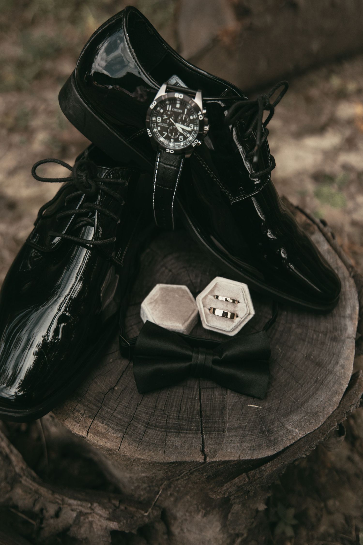 Grooms shoes, watch, and rings in Cleveland Ohio by Gypsy Lens Photography. Moody, filmy, vintage, documentary wedding photo