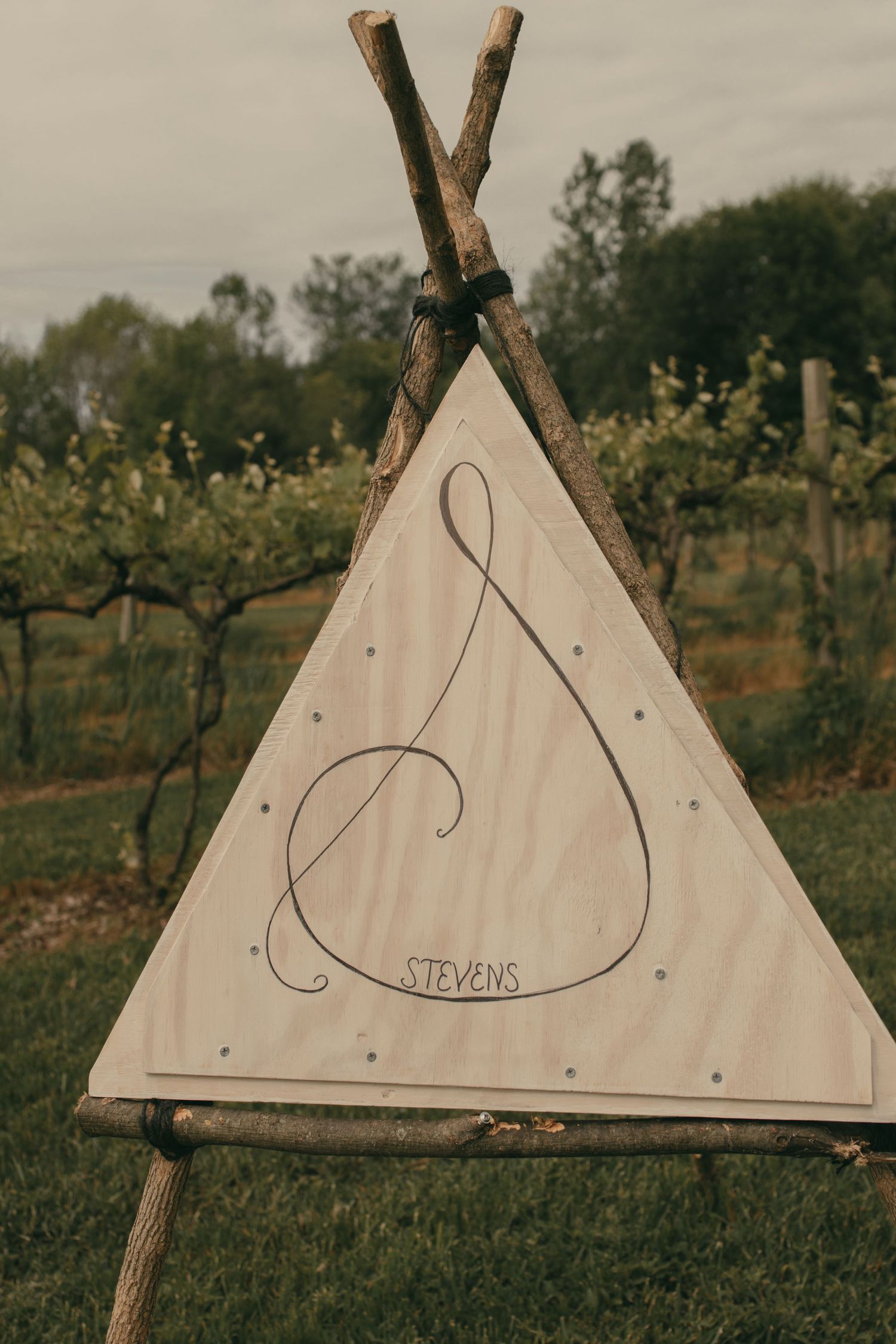 Wooden triangle sign with text displayed in outdoor vineyard setting in Ashtabula Ohio by Gypsy Lens Photography. Moody, detail wedding.