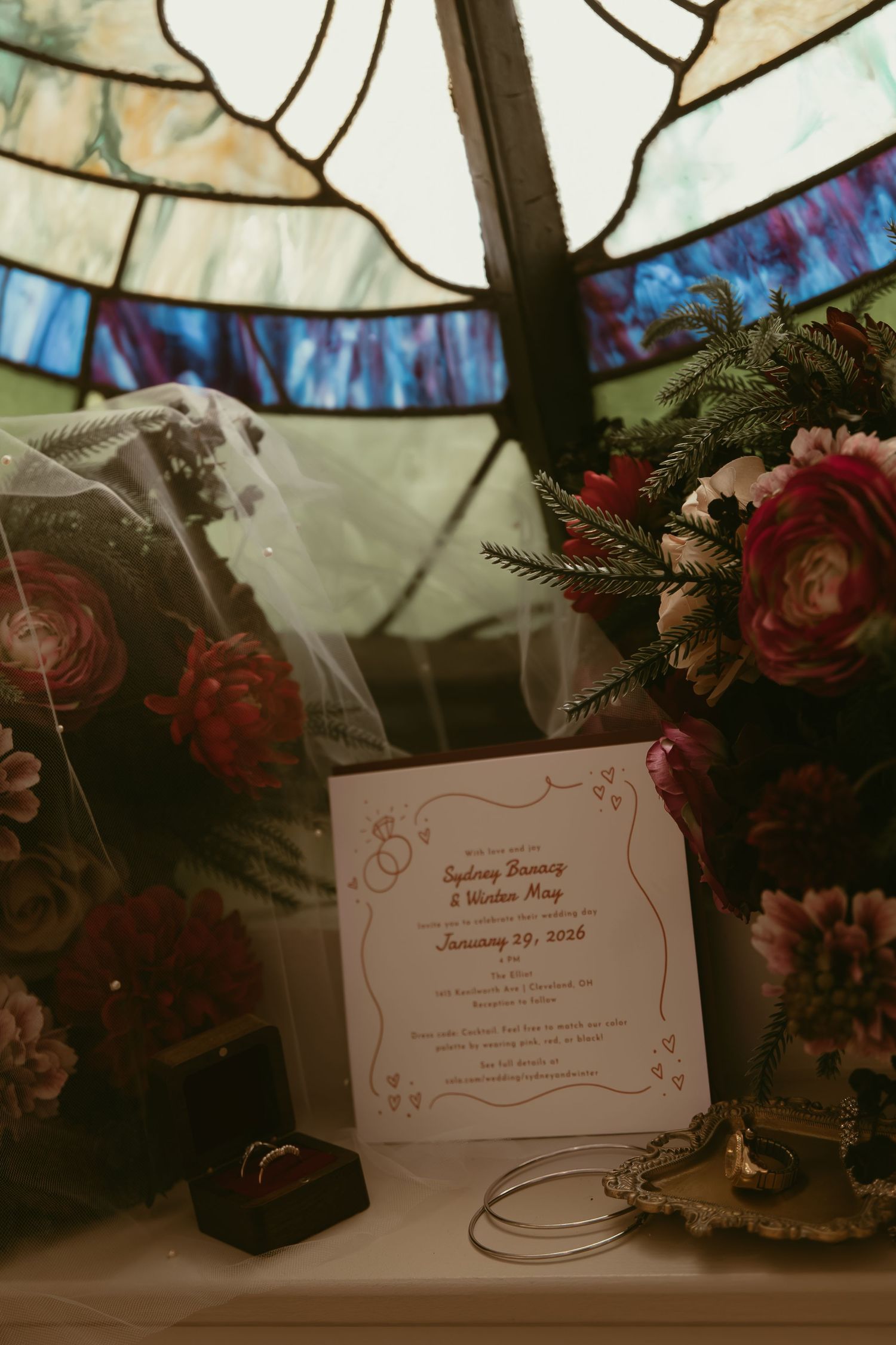 Vintage detail flat lay of invites in Cleveland Ohio by Gypsy Lens Photography. Moody, filmy, vintage, documentary wedding photography.