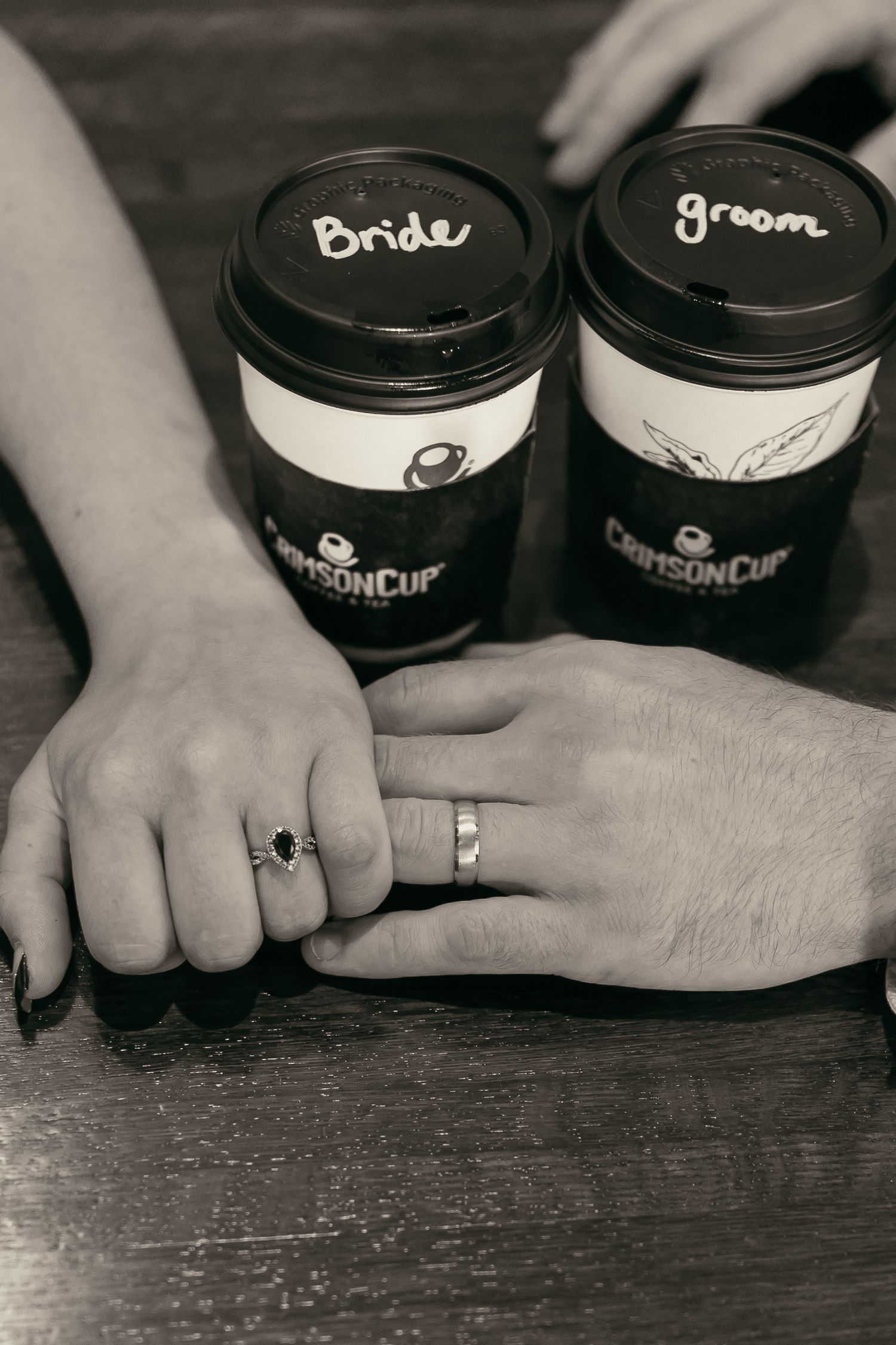 Coffee cups labeled 'bride' and 'groom' in Tallmadge Ohio by Gypsy Lens Photography. Moody, vintage, nostalgic, documentary wedding.