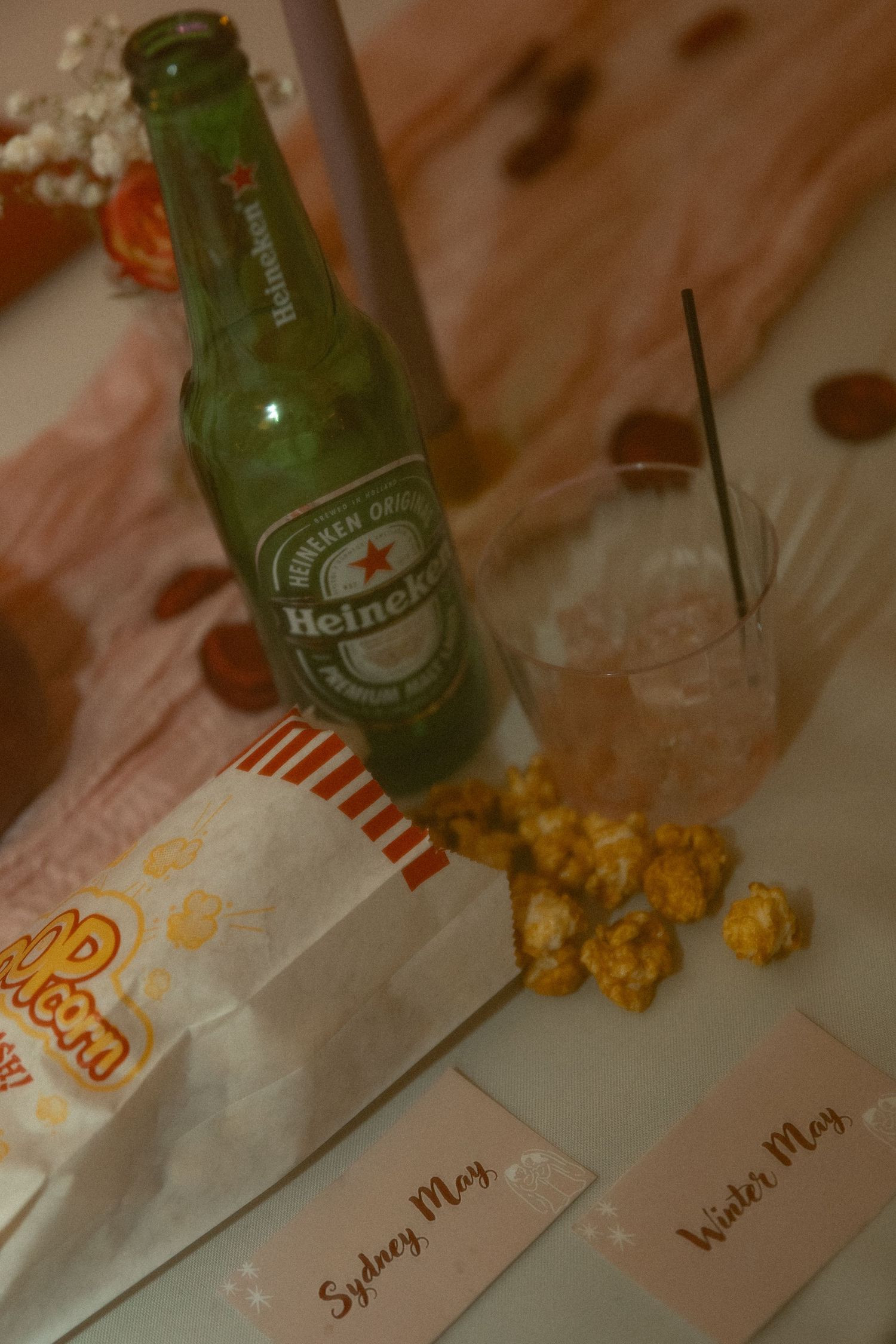 Late night flat lay reception details in Cleveland Ohio by Gypsy Lens Photography. Moody, filmy, vintage, documentary wedding photography.
