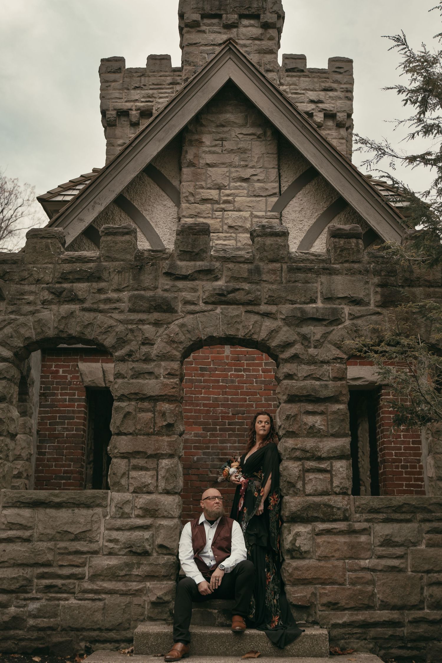 Couple at castle elopement in Cleveland Ohio by Gypsy Lens Photography. Moody, filmy, vintage, documentary wedding photography.