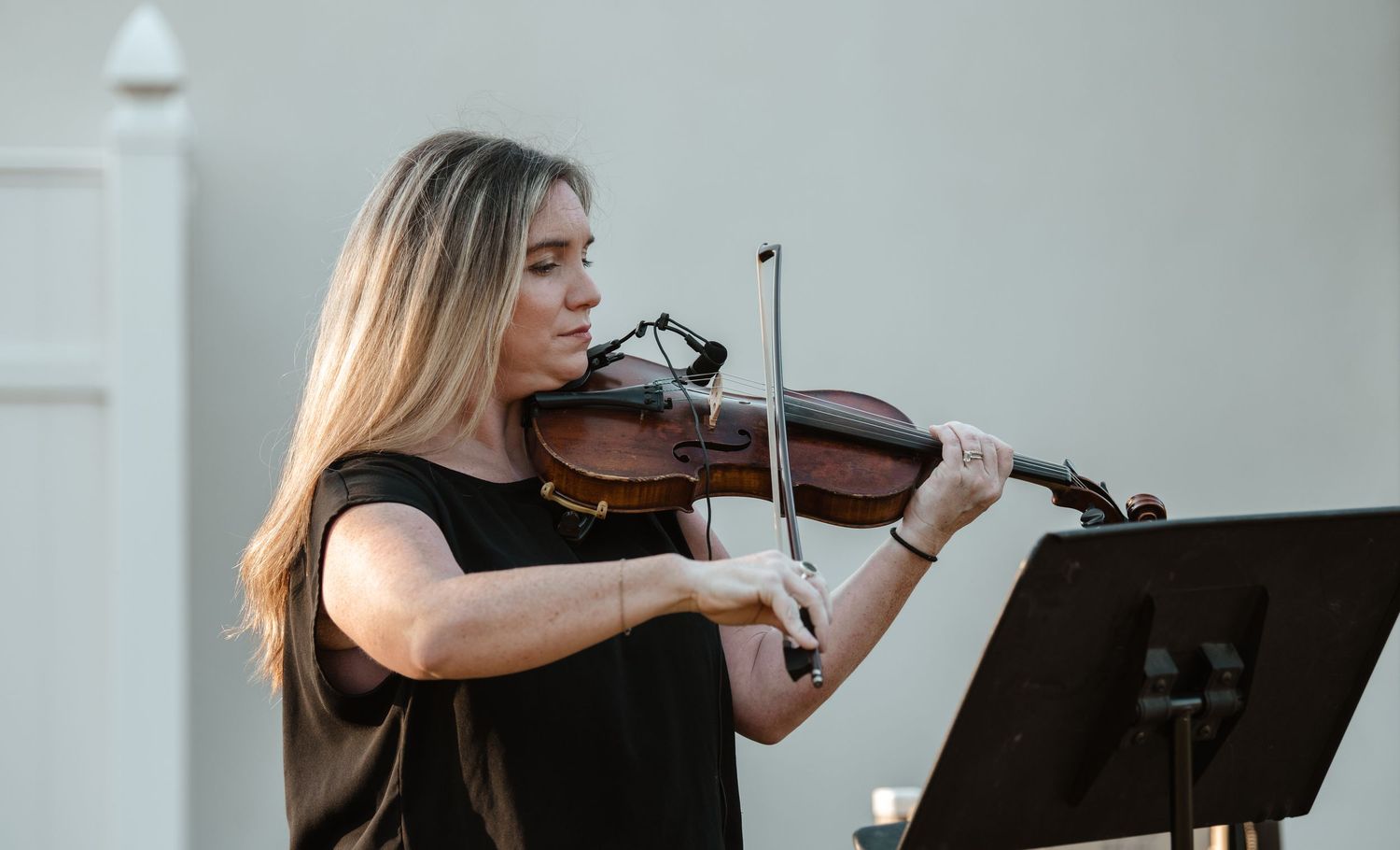 Professional violinist performing at an elegant indoor event.