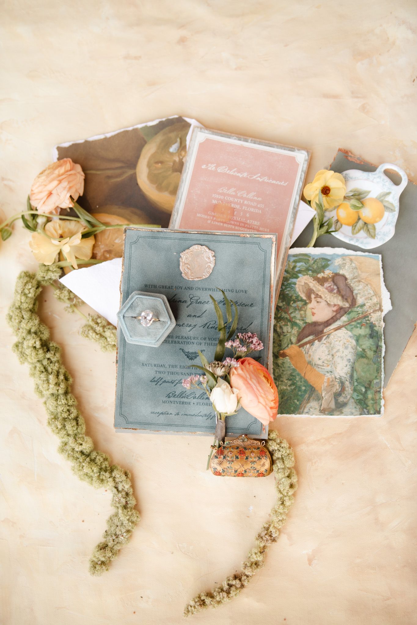 Wedding invitations and stationery styled with dried flowers and vintage elements.