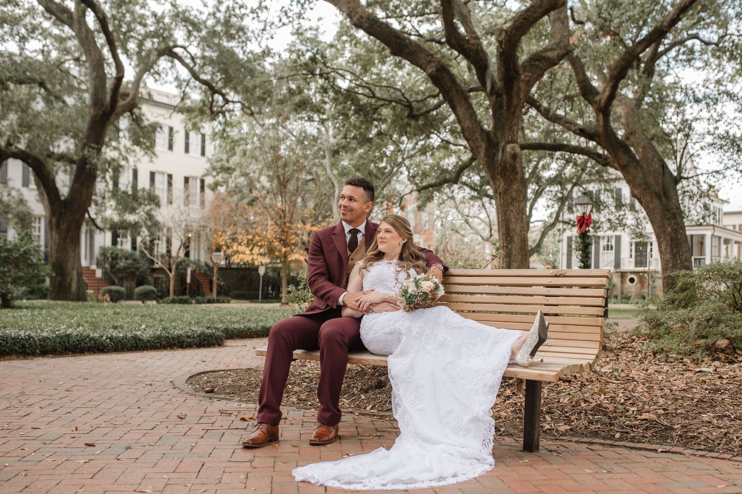 A series of romantic wedding portraits captured in a garden setting with autumn trees.