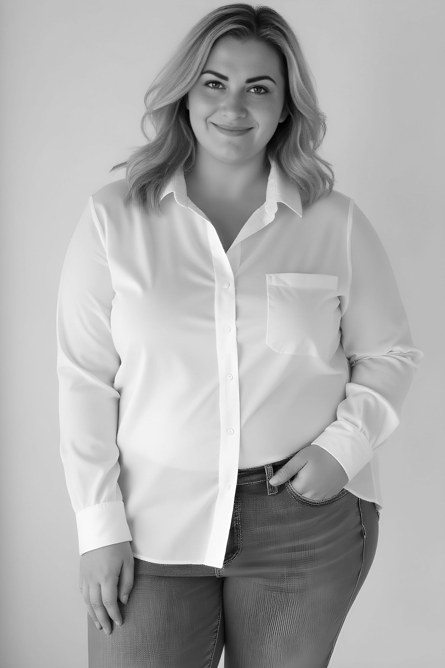 Black and white professional portrait of a person wearing a classic white button-down shirt.