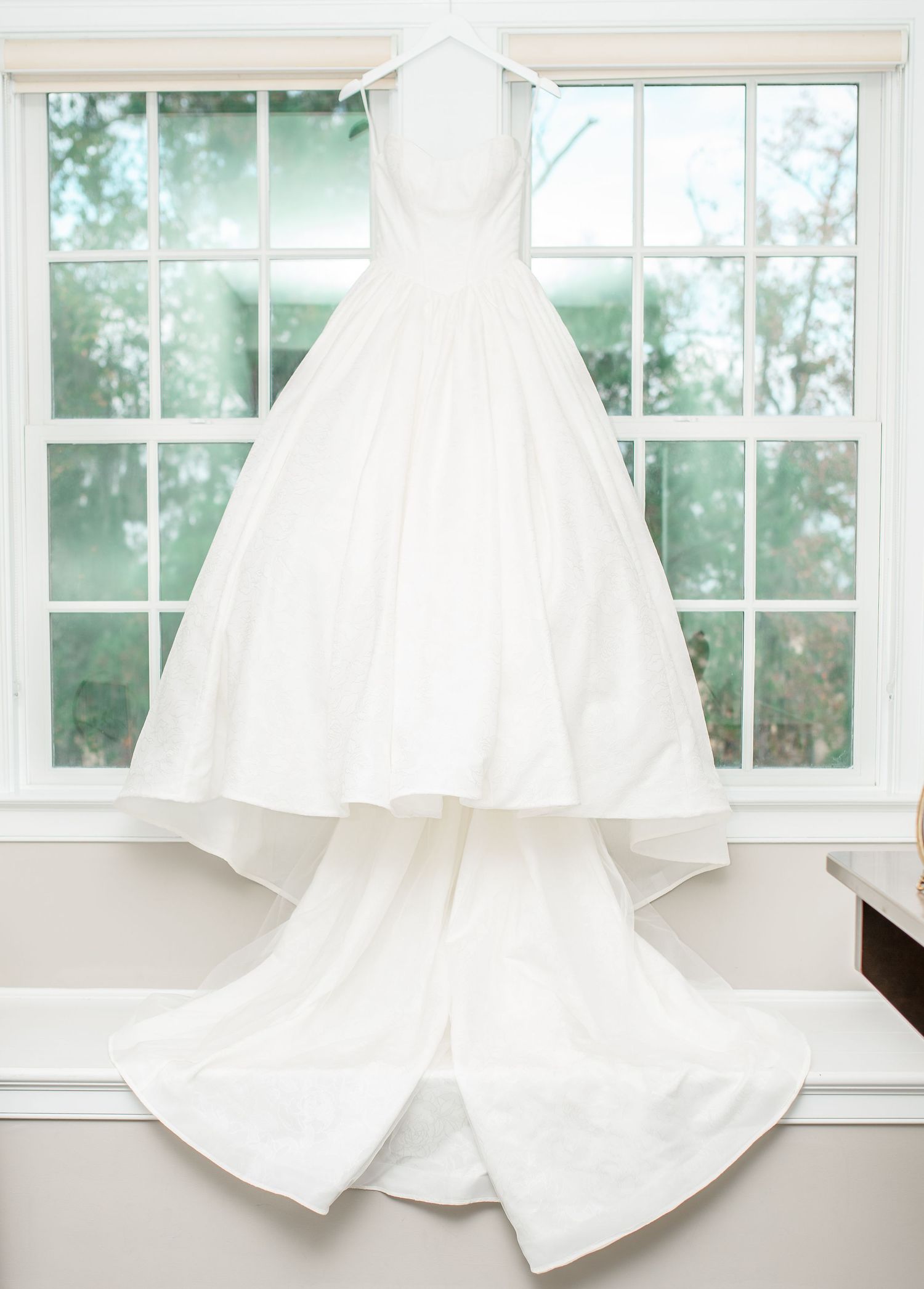 White wedding dresses displayed in bright window light creating ethereal silhouettes.