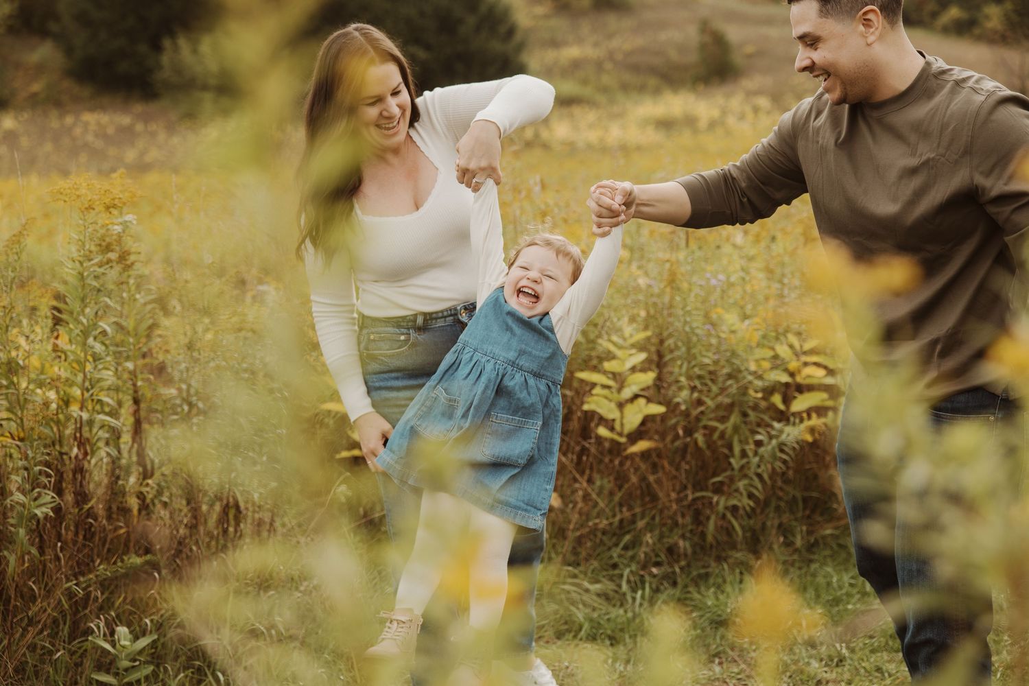 Joyful family swinging laughing toddler girl in blue dress through golden wildflower meadow.