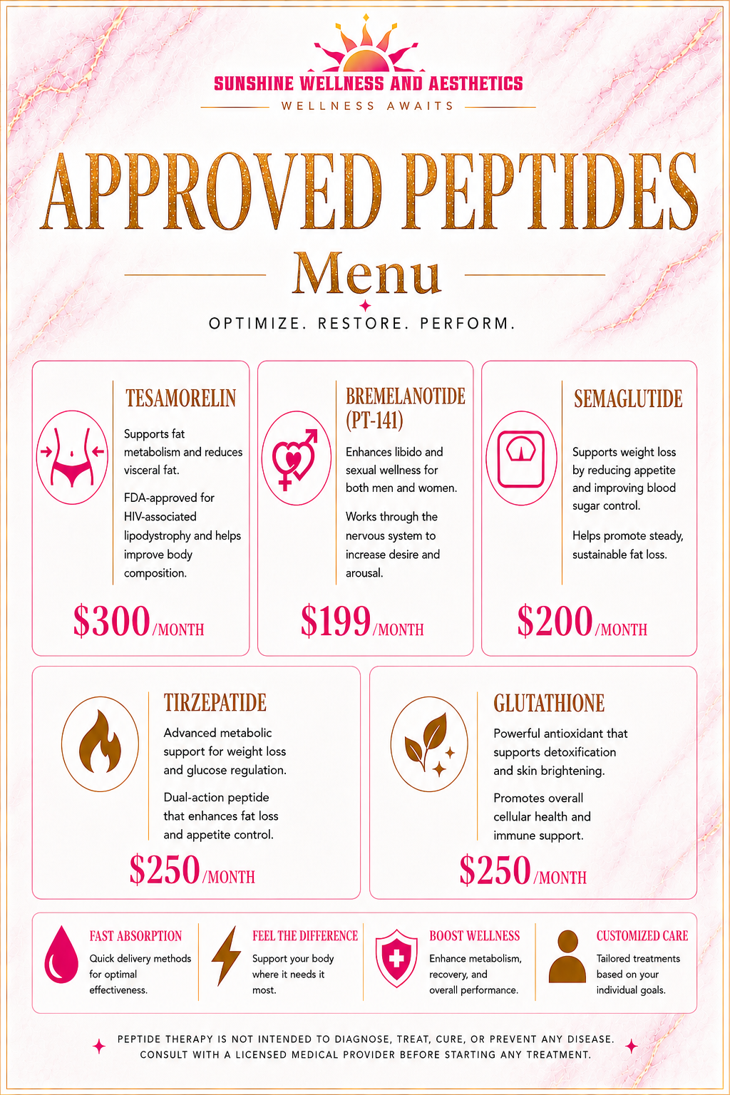 Sunshine Wellness approved peptides menu featuring Tesamorelin, Bremelanotide, Semaglutide, Tirzepatide, and Glutathione treatments.
