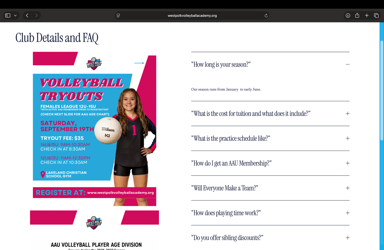 Volleyball tryouts flyer on a club details and FAQ webpage, featuring a player in uniform with registration details.