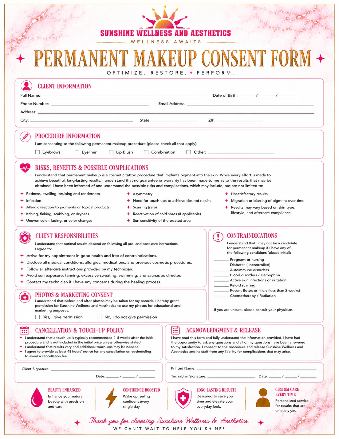 Permanent makeup consent form for Sunshine Wellness and Aesthetics with sections for client info, risks, and cancellation policy.