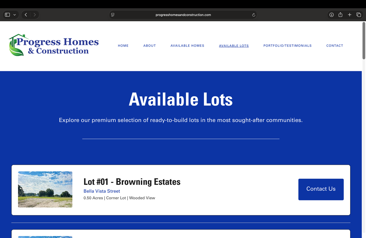 Progress Homes & Construction website showcasing available lots page featuring Browning Estates property listing with contact button.