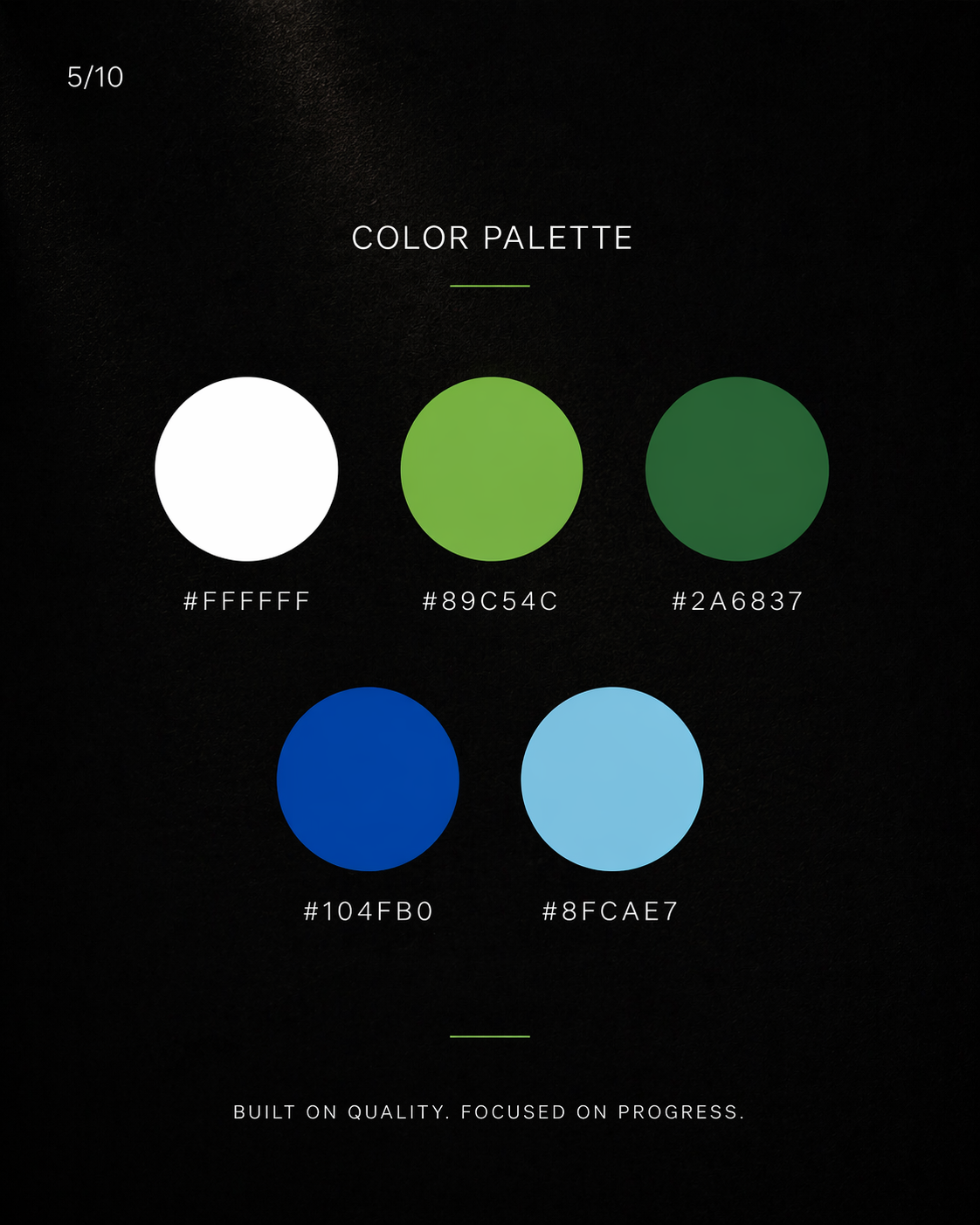 Color palette card showing white, green, dark green, blue, and light blue swatches with hex codes on dark background.