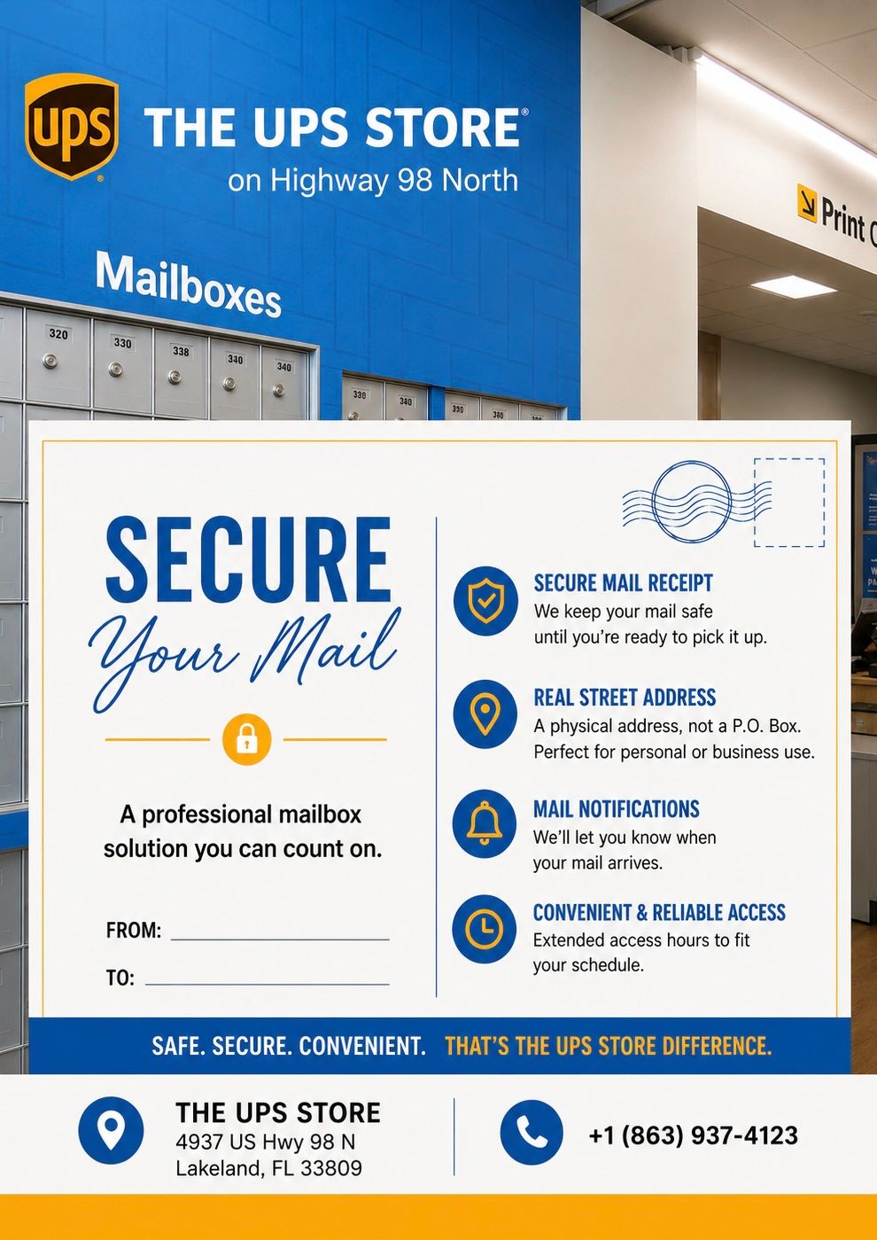 UPS Store on Highway 98 North in Lakeland, FL offering secure mailbox services with real street address and mail notifications.