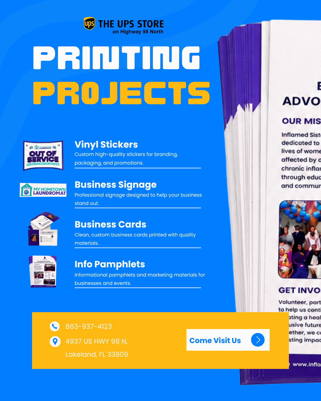 The UPS Store printing projects advertisement showcasing vinyl stickers, business signage, cards, and pamphlets in Lakeland FL.