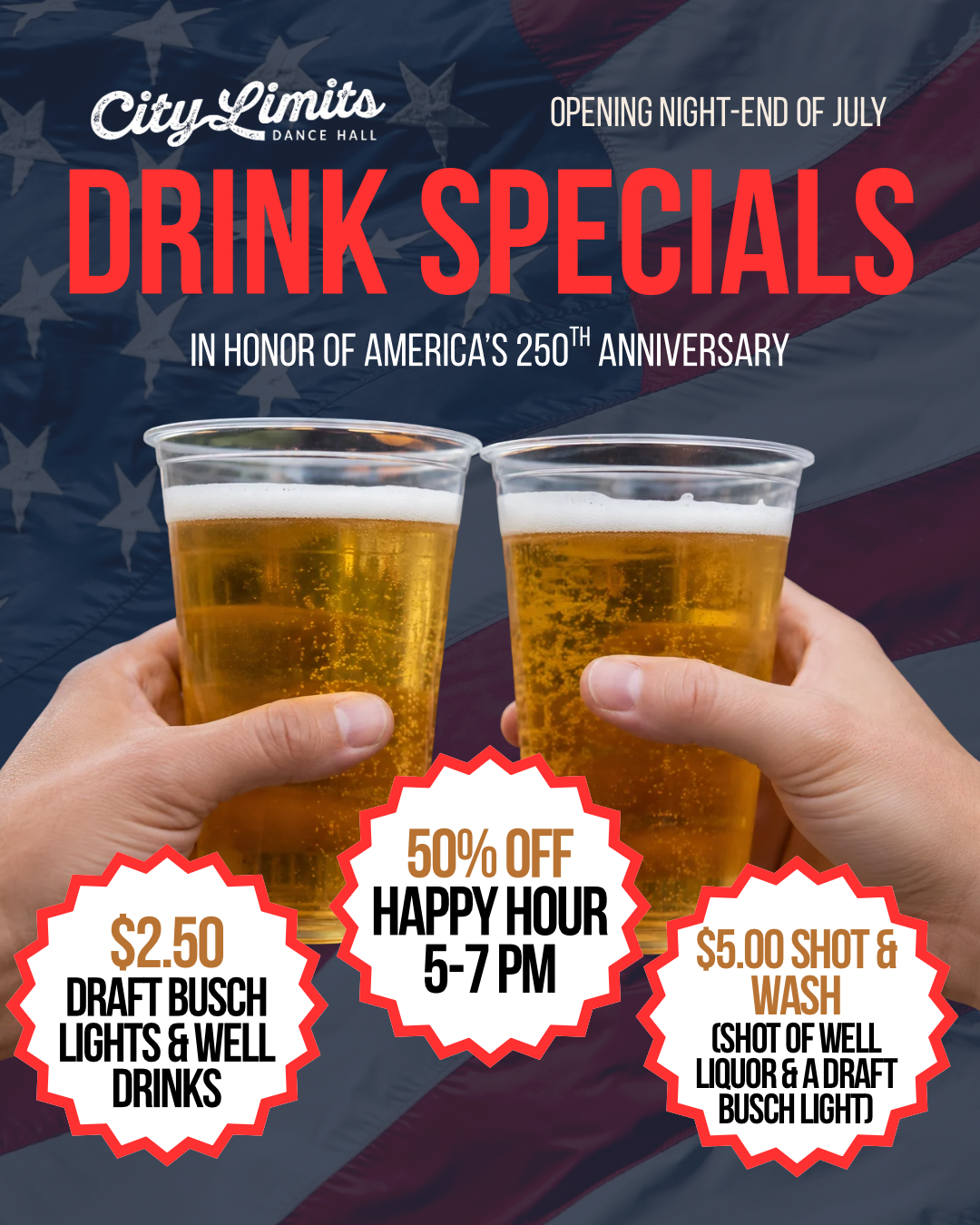 City Limits Dance Hall drink specials poster featuring $2.50 Busch Lights, 50% off happy hour 5-7PM, and $5 shot and wash.