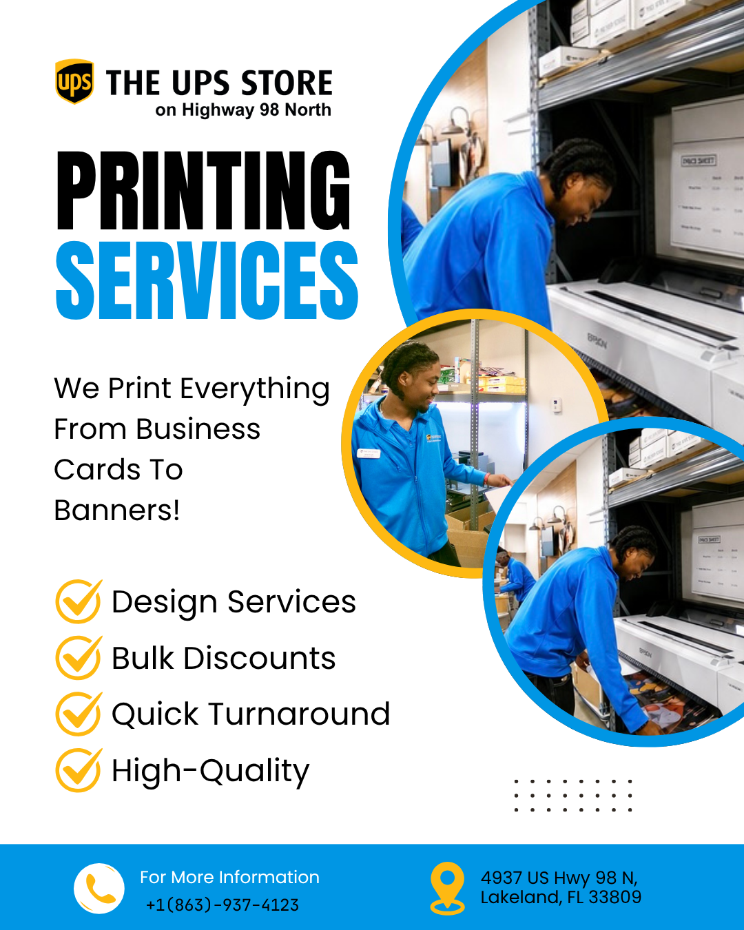UPS Store printing services ad featuring staff handling documents, offering design, bulk discounts, quick turnaround in Lakeland, FL.