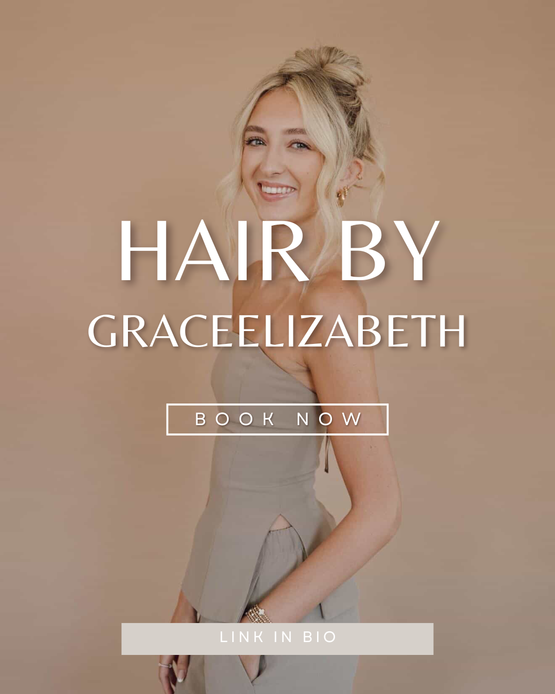 Smiling blonde woman with updo hairstyle promoting Hair by Grace Elizabeth hair salon booking service.