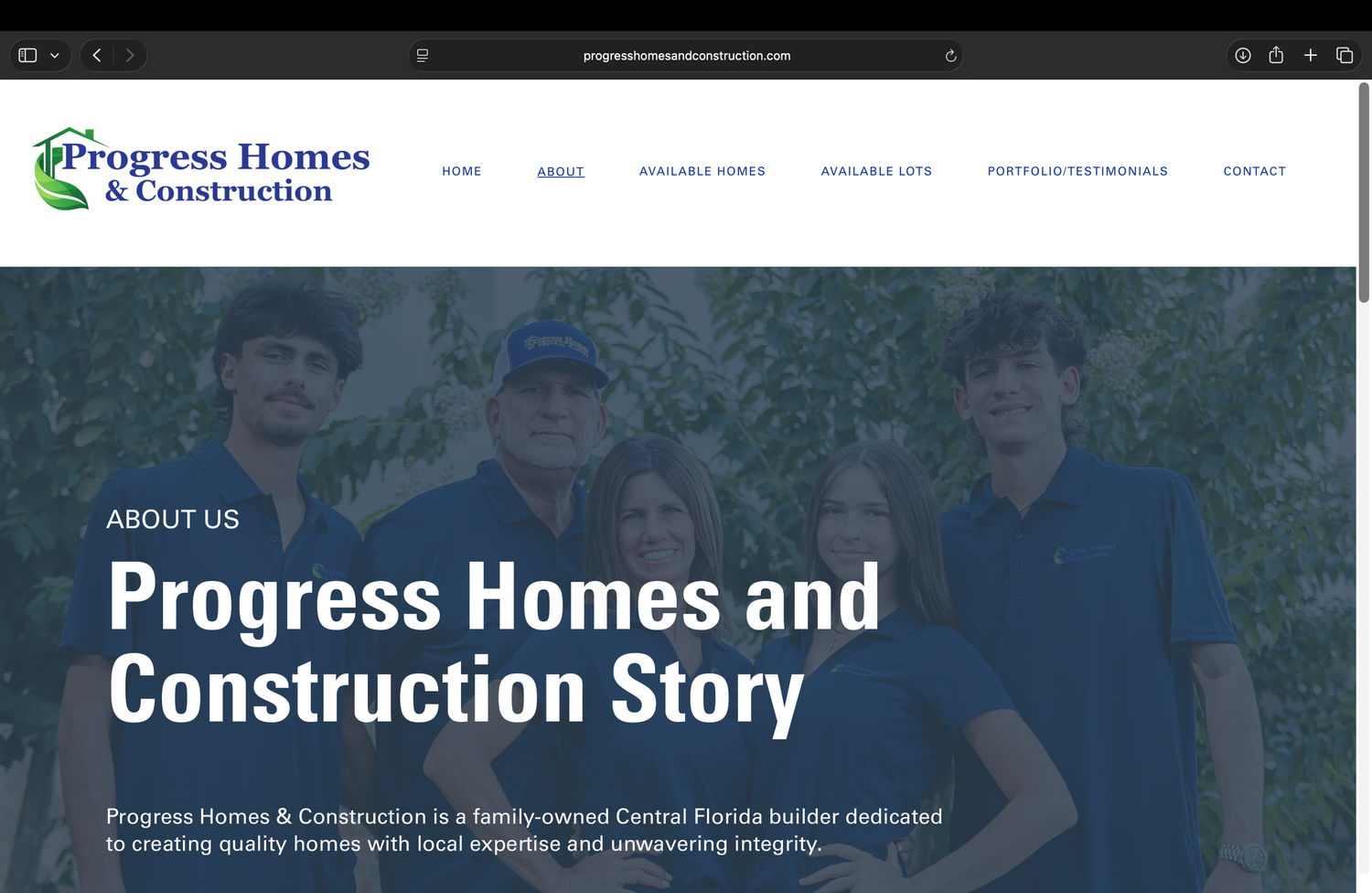 Progress Homes and Construction family-owned Central Florida home builder About Us page showcasing team photo and company story.