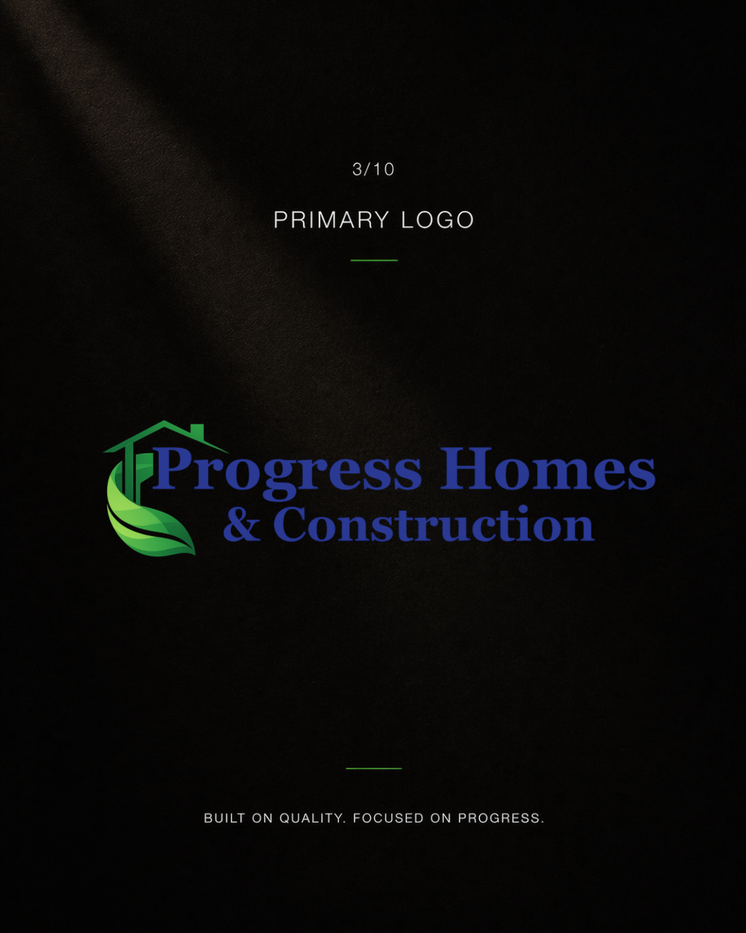 Progress Homes & Construction primary logo featuring green leaf and house icon with blue-green text on dark background.