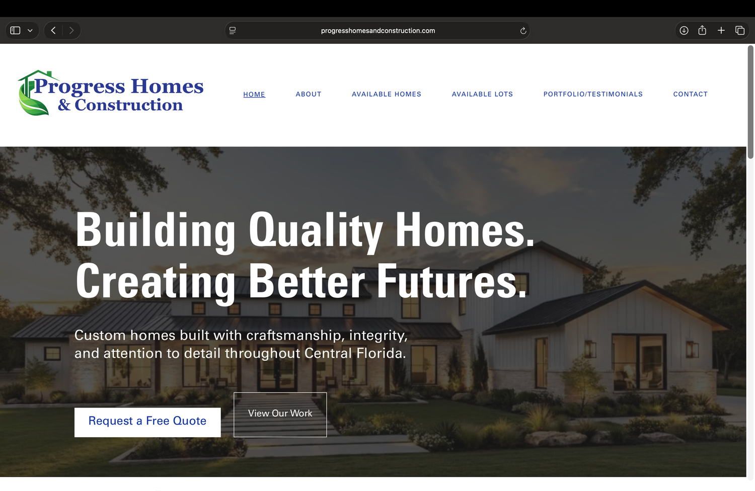 Progress Homes & Construction website showcasing custom home building services in Central Florida with quality craftsmanship.