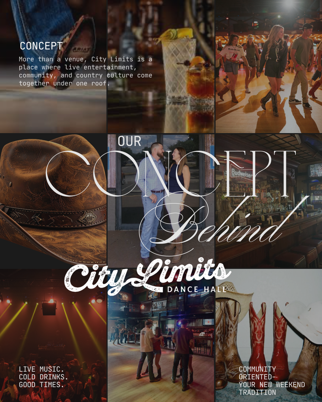 Promotional collage for City Limits Dance Hall featuring cowboy hats, boots, cocktails, and live country music entertainment.