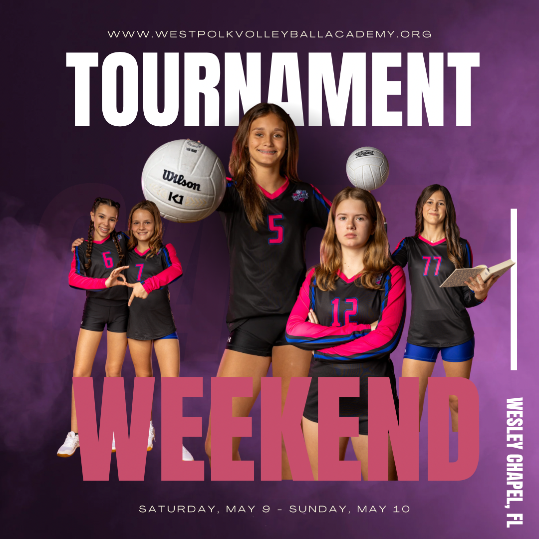 Girls volleyball team poses for Tournament Weekend at West Polk Volleyball Academy, Wesley Chapel FL, May 9-10.
