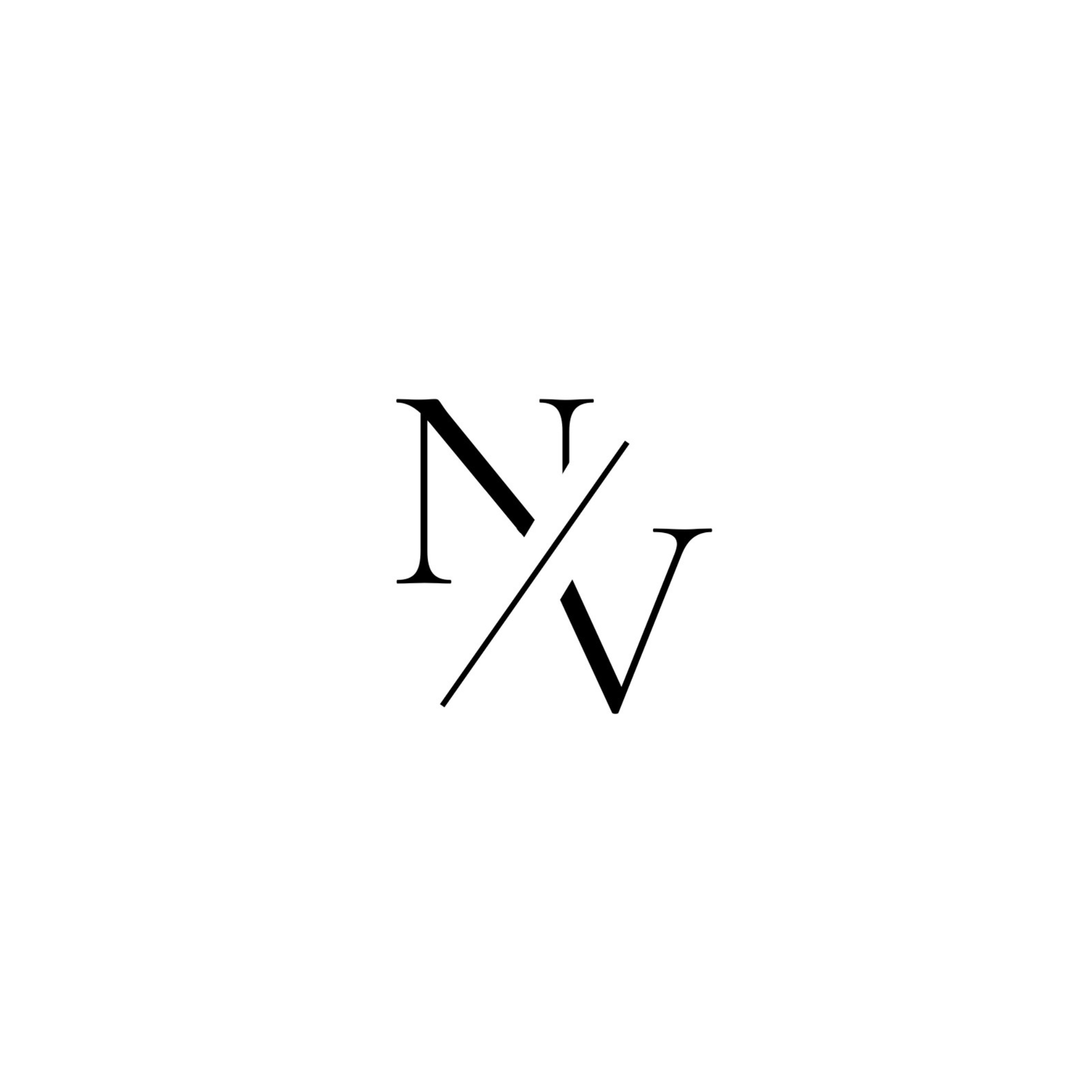 A minimalist black logo design featuring the letters N and V separated by a diagonal slash on a white background.
