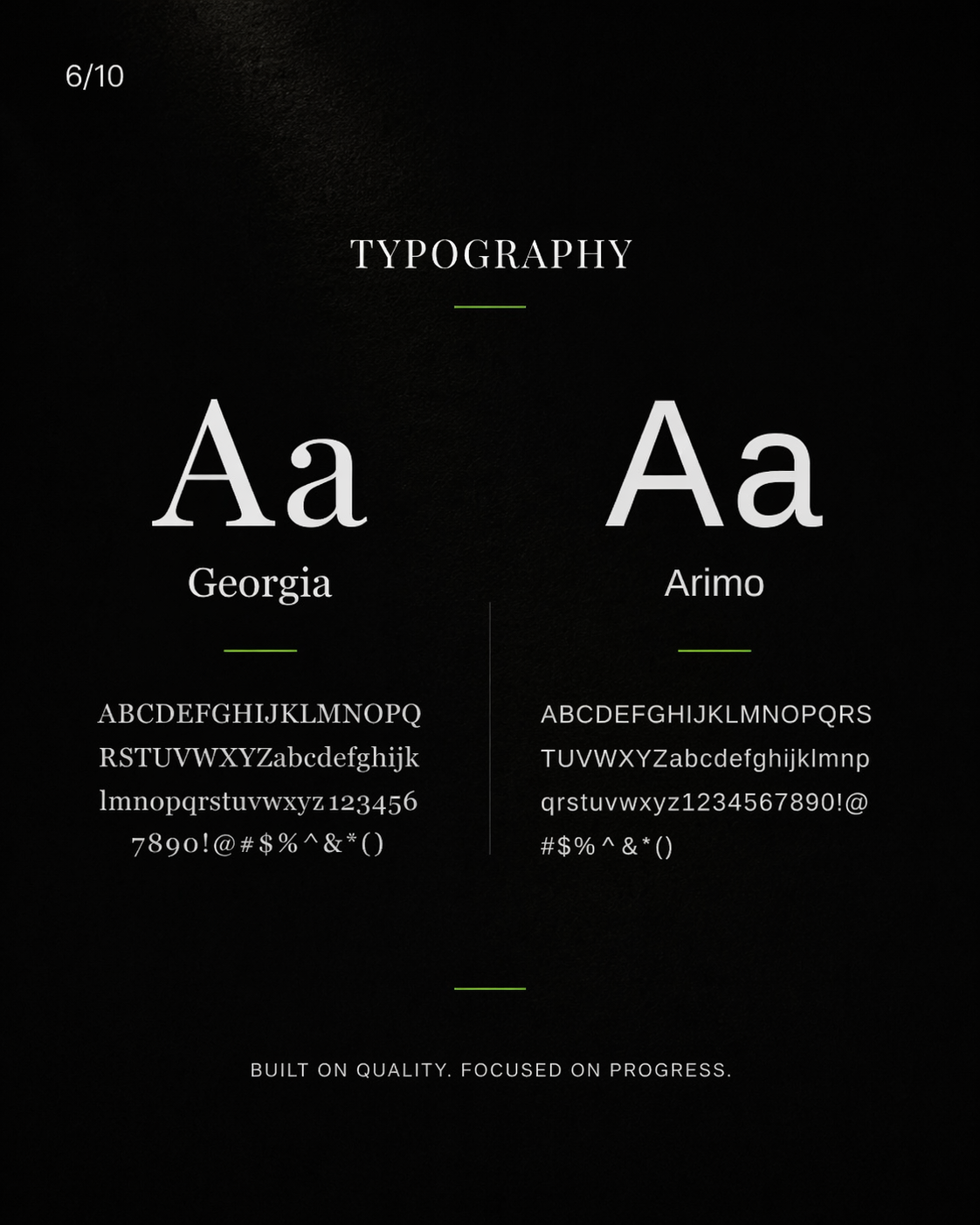 Typography slide showcasing Georgia serif and Arimo sans-serif fonts on dark background with alphabet samples.