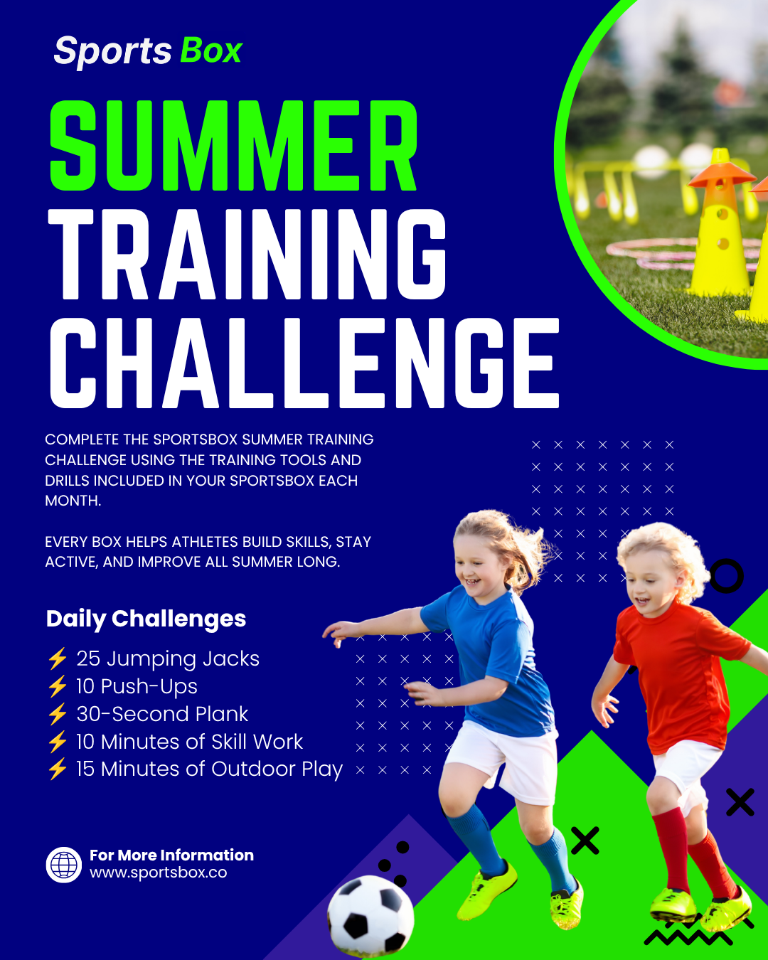 Sports Box Summer Training Challenge flyer with kids playing soccer and daily exercises like jumping jacks and push-ups.