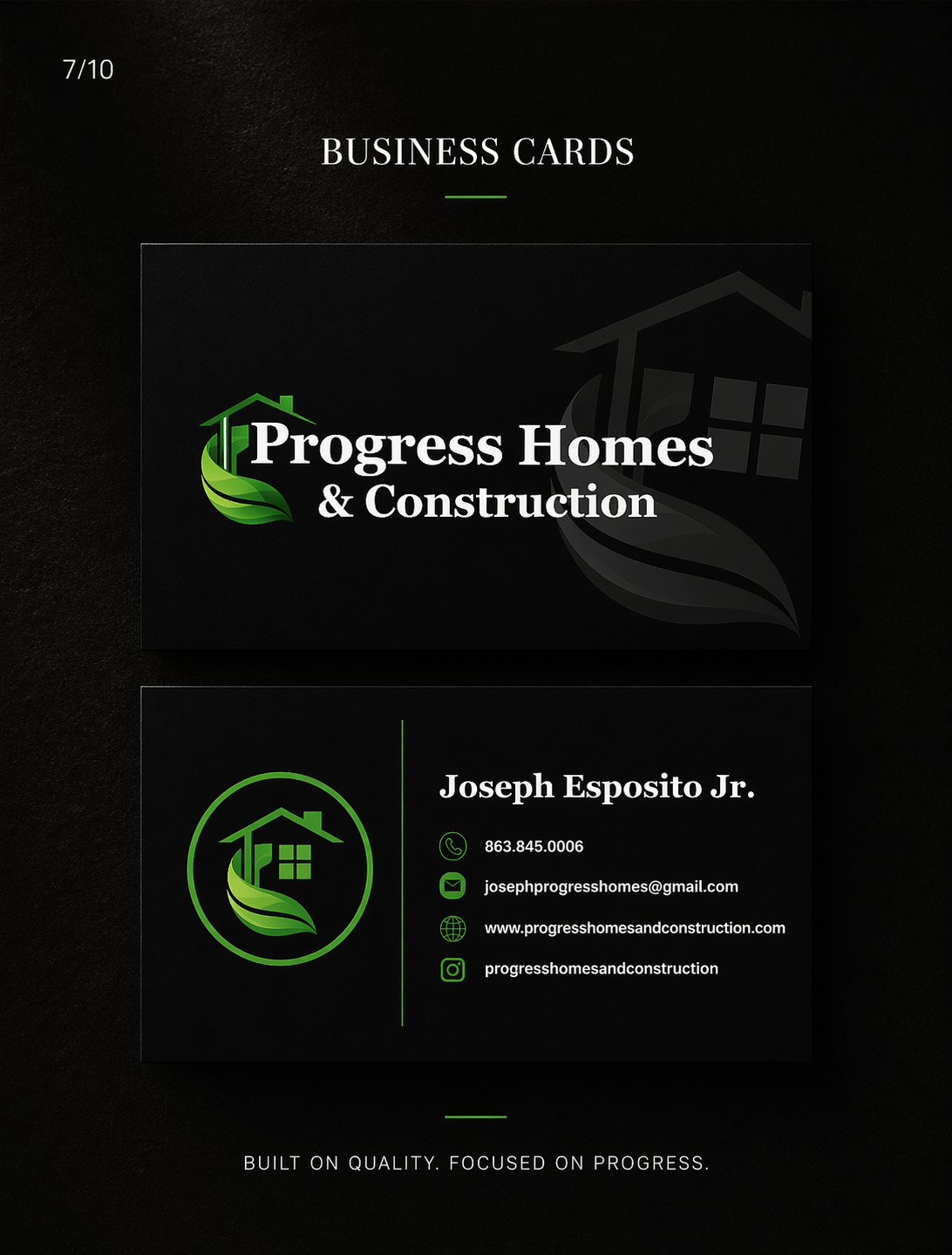 Dark business cards for Progress Homes & Construction featuring green logo, contact details for Joseph Esposito Jr.
