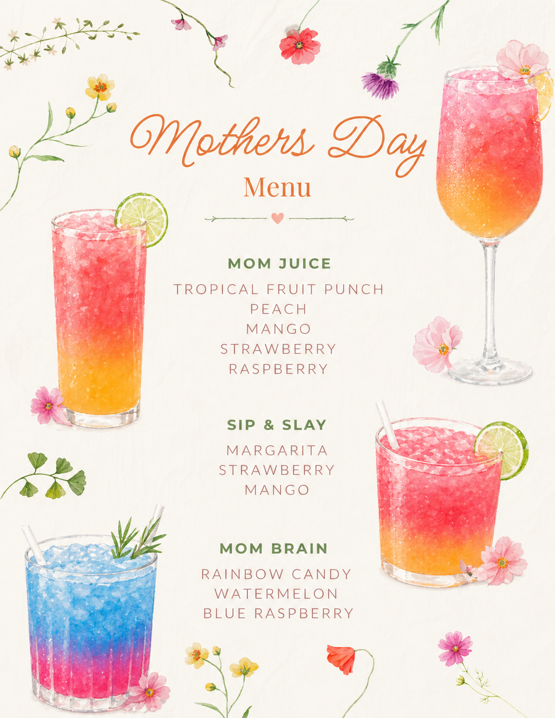 Colorful Mothers Day drink menu featuring tropical cocktails Mom Juice, Sip and Slay, and Mom Brain with floral decorations.