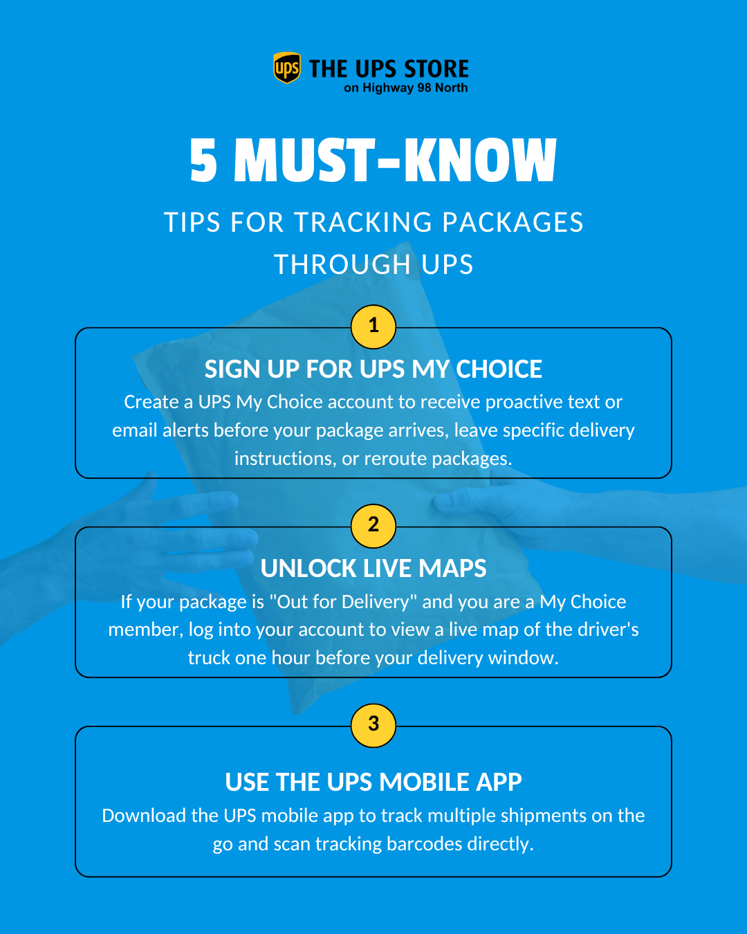 The UPS Store infographic showing 5 must-know tips for tracking packages, including UPS My Choice, Live Maps, and mobile app.