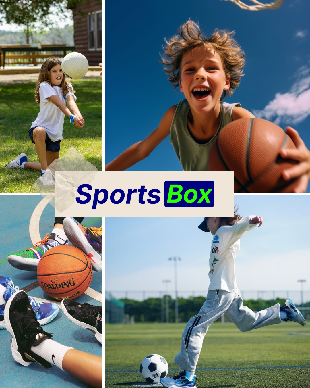 A collage of kids playing sports including volleyball, basketball, and soccer, with the SportsBox logo in the center.