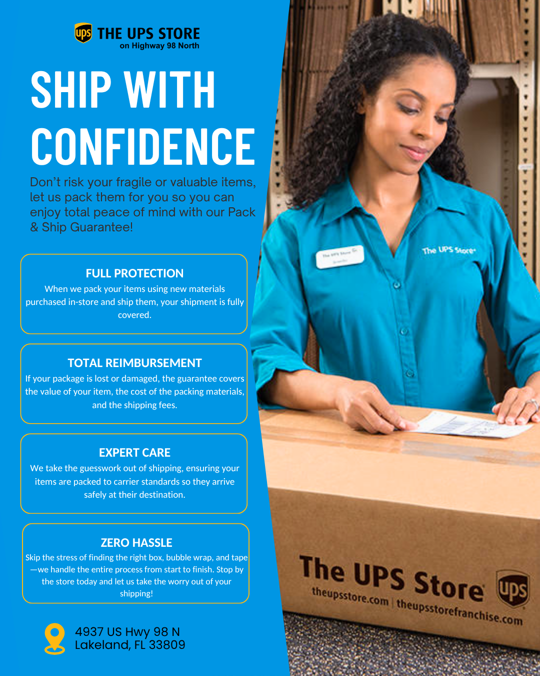UPS Store employee confidently packing items at counter, promoting Pack & Ship Guarantee service with full protection and zero hassle.