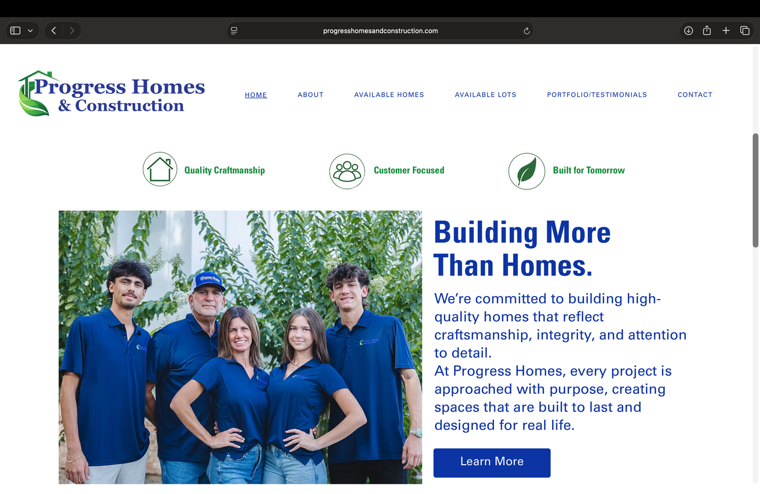 Progress Homes & Construction website homepage featuring a team photo and tagline Building More Than Homes with quality craftsmanship focus.