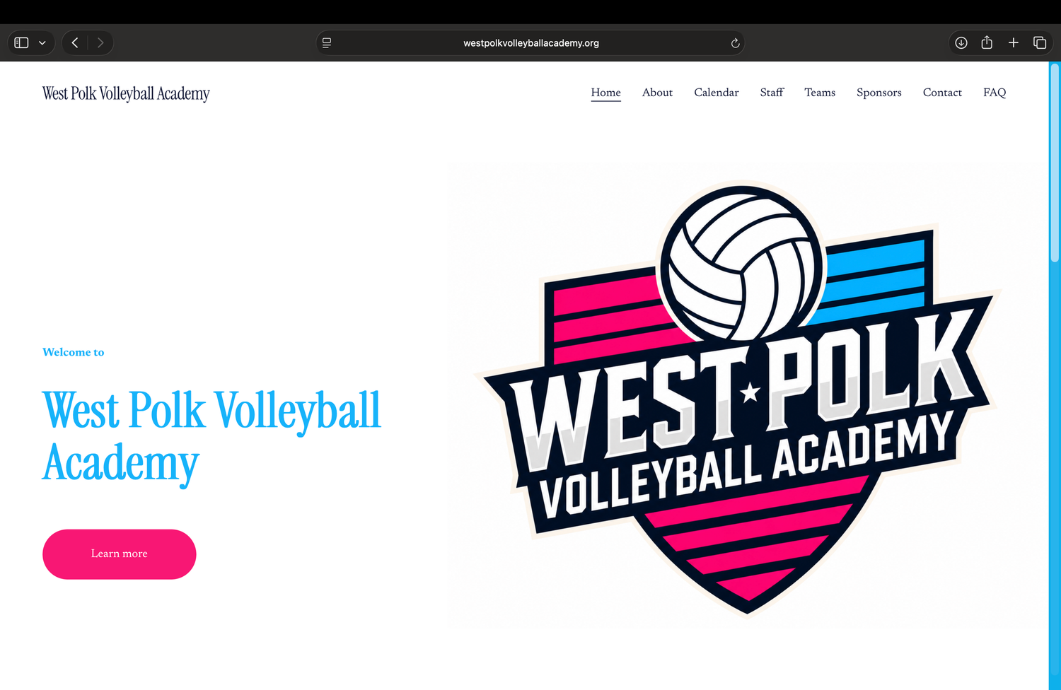 West Polk Volleyball Academy website homepage featuring the club logo with a volleyball and bold red, blue, and white branding.