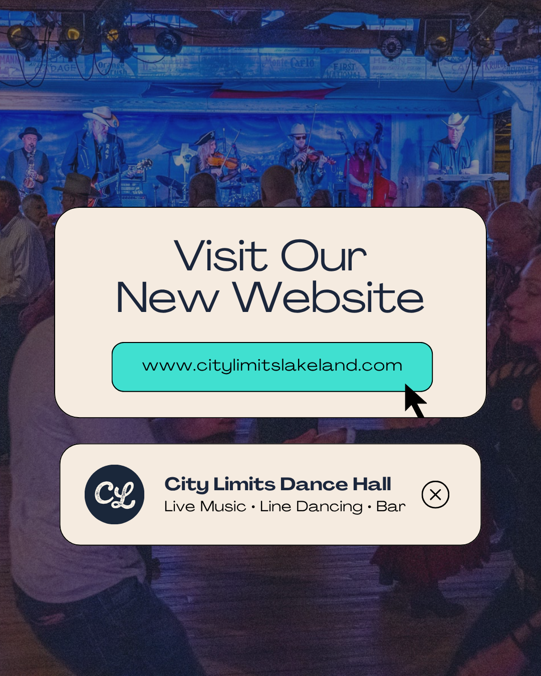 City Limits Dance Hall website promotion showing live music and line dancing venue at www.citylimitslakeland.com.