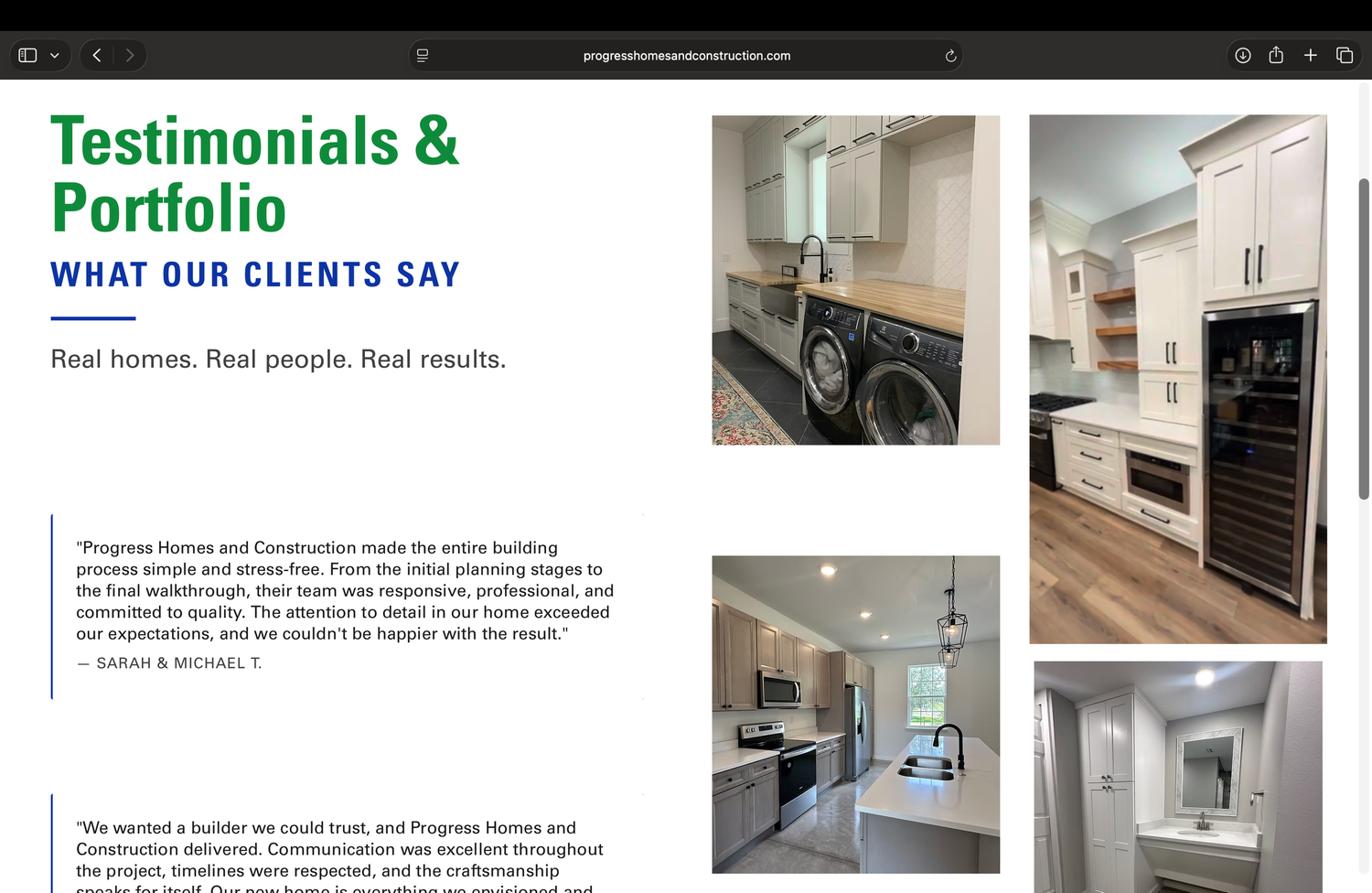 Testimonials and portfolio page for Progress Homes and Construction featuring client reviews and remodeled kitchen photos.
