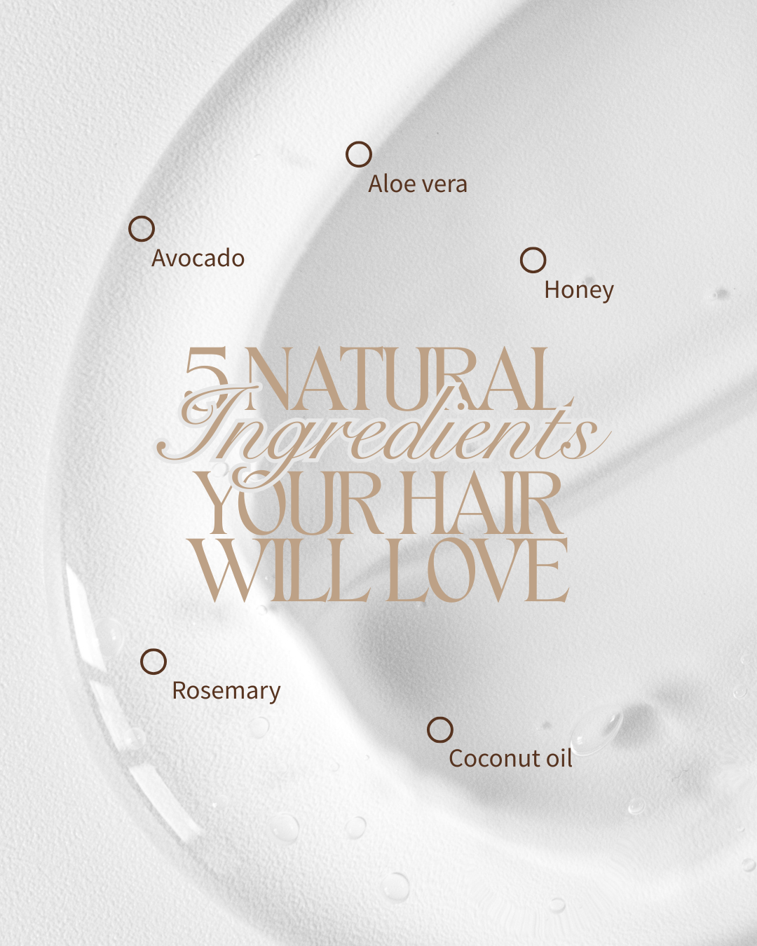 Minimalist beauty graphic listing 5 natural hair care ingredients: avocado, aloe vera, honey, rosemary, and coconut oil.