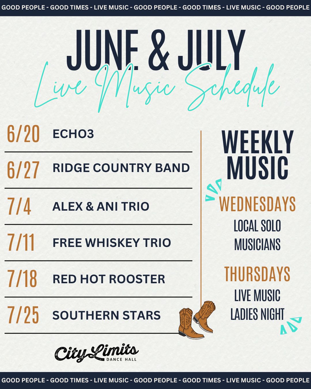 City Limits Dance Hall June and July live music schedule featuring Echo3, Ridge Country Band, and more weekly performances.