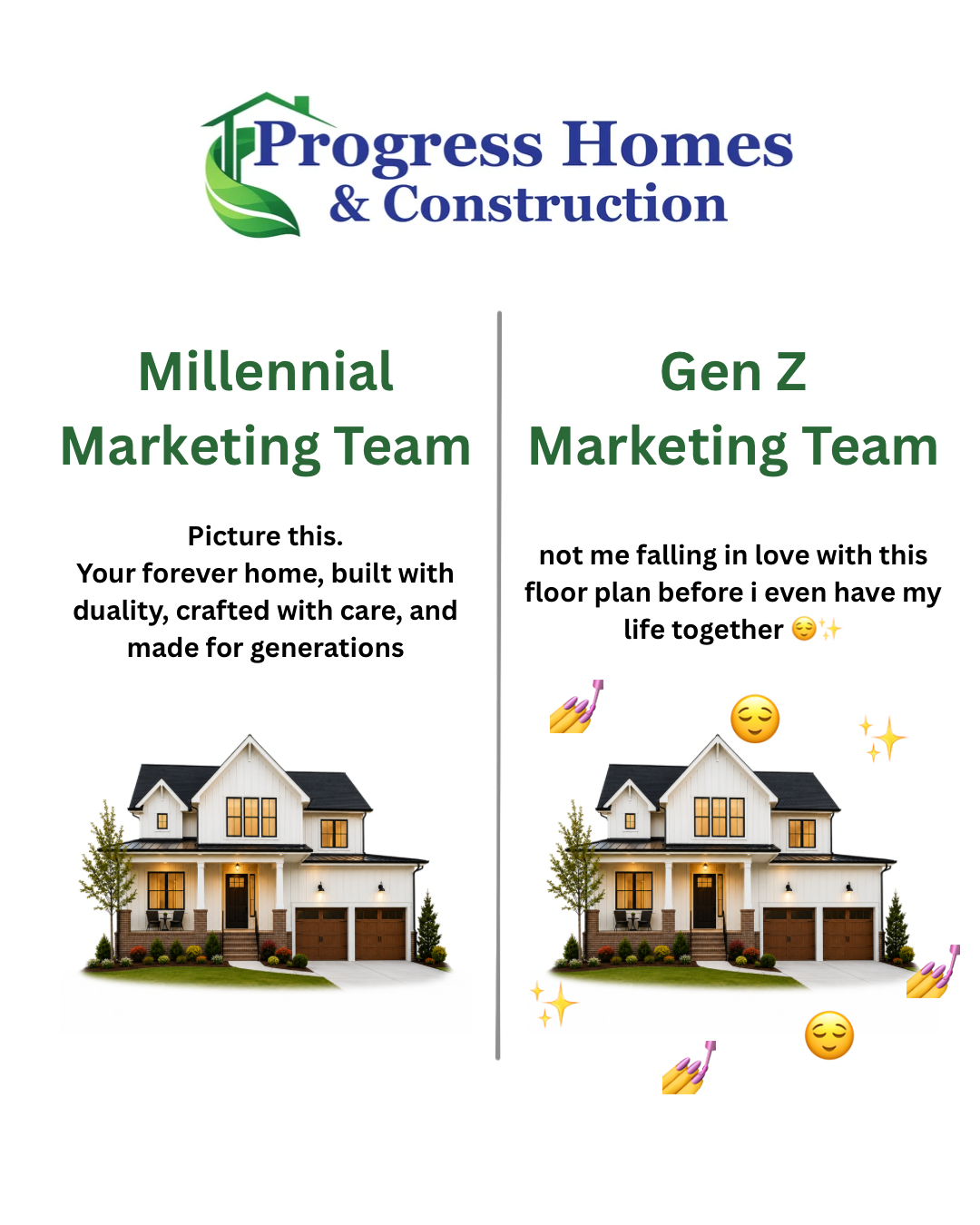 Progress Homes & Construction compares Millennial vs Gen Z marketing styles for a modern farmhouse floor plan.