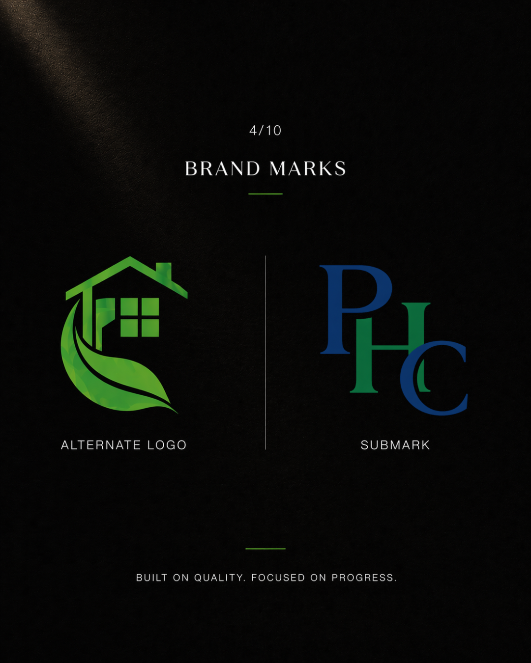 Brand marks slide showing a green house with leaf alternate logo and PHC blue-green submark on dark background.