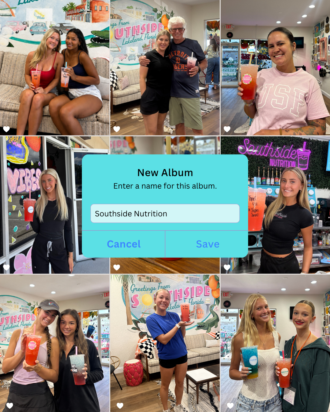Collage of customers at Southside Nutrition smoothie bar with colorful drinks and vibrant decor.
